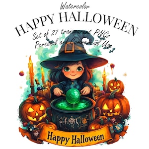 Watercolor Happy Halloween Clipart Bundle - 27 PNGs, Transparent Background, Cute Witch, Ghosts, Pumpkins