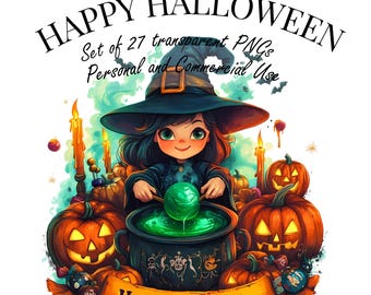 Watercolor Happy Halloween Clipart Bundle - 27 PNGs, Transparent Background, Cute Witch, Ghosts, Pumpkins