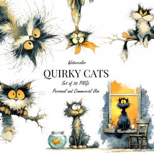 Quirky Cats Clipart | 36 Watercolor PNG Funny Cats | Whimsical Cat Illustrations for Stickers, Cards & Scrapbooking