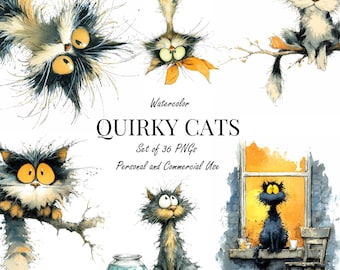 Quirky Cats Clipart | 36 akvarell PNG roliga katter | Nyckfulla kattillustrationer för klistermärken, kort och scrapbooking