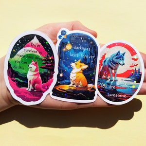 Glitzernde Hunde mit spitzen Ohren Sticker Set | Akita Inu | Sibirischer Husky | Corgi | Hundeaufkleber mit Zitaten | Inspirierende Tiere