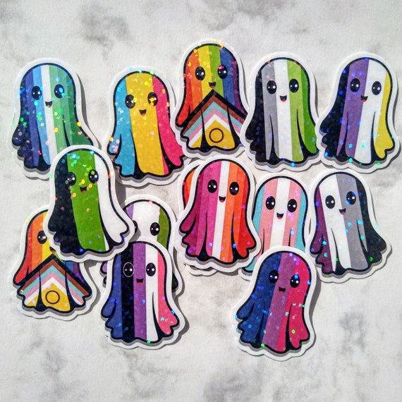 Holografische Pride Geister Sticker| Queer Halloween Gespenster Aufkleber | LGBTQ+ Flagge Set | Regenbogen Pride Pack | CSD Dekoration