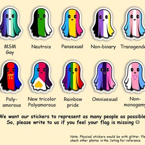 May include: Eleven ghost-shaped stickers, each with a different flag design representing identities such as Non-binary, Omnisexual, and Non-monogamy. The stickers are brightly coloured and have a cartoon style. Text at the bottom invites feedback on missing flags.