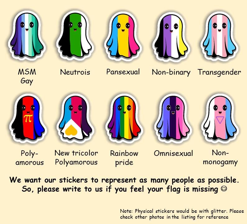 May include: Eleven ghost-shaped stickers, each with a different flag design representing identities such as Non-binary, Omnisexual, and Non-monogamy. The stickers are brightly coloured and have a cartoon style. Text at the bottom invites feedback on missing flags.