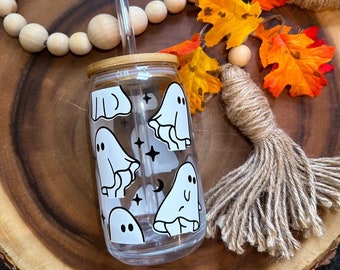 Ghost Booty Halloween Taza de vidrio Libbey de 16 oz con pajita de vidrio y tapa de bambú