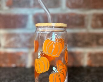 Calabaza Halloween Taza de vidrio Libbey de 16 oz con pajita de vidrio y tapa de bambú