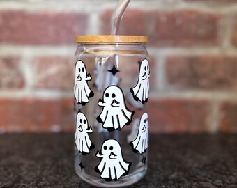 Naughty Ghost Halloween Taza de vidrio Libbey de 16 oz con pajita de vidrio y tapa de bambú