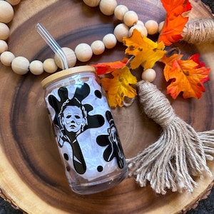Horror Characters Halloween 16oz Libbey Glass Cup with Glass Straw and Bamboo Lid