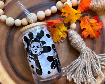 Personajes de terror Halloween Taza de vidrio Libbey de 16 oz con pajita de vidrio y tapa de bambú