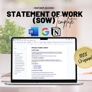 May include: A laptop computer screen displaying a Statement of Work (SOW) template document. The document is open in a web browser and includes sections for project name, client name, project summary, scope of work, and project schedule. The document is also available in Word, Google Docs, and Notion.