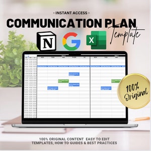 May include: A laptop displays a communication plan template with the text "COMMUNICATION PLAN Template". The screen shows a schedule with time slots. The image includes the logos for Notion, Google, and Excel. A gold seal reads "100% Original".