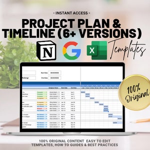 May include: A laptop displays a project plan and timeline template. The screen shows a spreadsheet with task assignments and dates. The image includes the text "PROJECT PLAN & TIMELINE (6+ VERSIONS)" and icons for Notion, Google, and Excel.