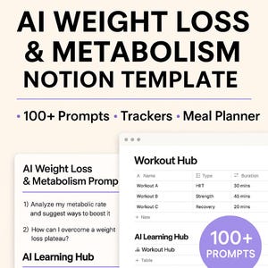 Puede incluir: Una plantilla digital de Notion titulada "AI Weight Loss & Metabolism" con el texto "100+ Prompts, Trackers, Meal Planner." La imagen muestra centros de entrenamiento y aprendizaje, con una lista de indicaciones y duraciones de entrenamiento.