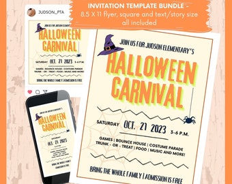 ハロウィン カーニバル PTA チラシ | 3 つの異なるサイズのテンプレート | 秋祭り | Canva テンプレート | ソーシャル メディア投稿