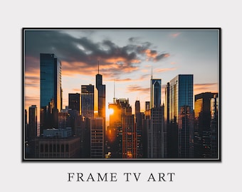 ニューヨーク市のフレーム テレビ アート、スカイラインの日の出のテレビ フレーム アートワーク、風景アート プリント、印刷可能なアートワーク、デジタル ダウンロード アート