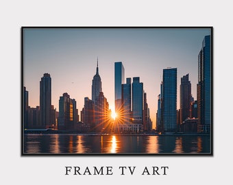 サンライズアート TV フレームアートワーク、シティスカイライン フレーム TV アート、風景アートプリント、ニューヨークシティ印刷可能アートワーク、デジタルダウンロードアート