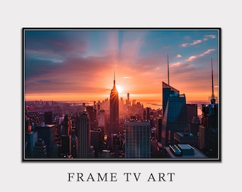 ニューヨークのスカイラインのテレビフレームアート、風景の日の出のアートプリント、都市のスカイラインのフレームのテレビアート、印刷可能なアートワーク、デジタルダウンロードアート