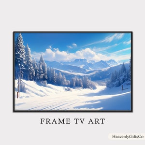 Winter Wonderland TV Frame Art, Skiers Print, Snowy Mountain Landscape Print, Samsung Frame TV Art, Nature Art Print, Digital Download Art