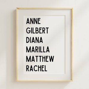 Anne of Green Gables Decor Anne of Green Gables Characters List Print Bookish Decor Anne Shirley Digital Print Bookish English Teacher Gift