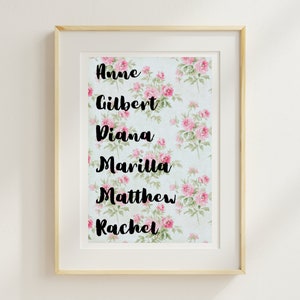 Anne of Green Gables Decor Anne of Green Gables Characters List Print Bookish Decor Anne Shirley Cottagecore Print English Teacher Gift