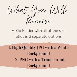 May include: Image with text that reads "What You Will Receive". The text describes a zip folder with size ratios in two options: a high-quality JPG with a white background and a PNG with a transparent background.