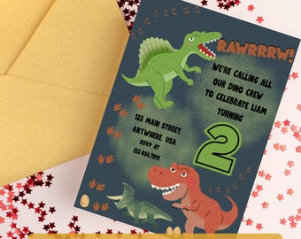 May include: A navy blue dinosaur-themed birthday invitation with a green and orange dinosaur illustration. The invitation includes the text "RAWRRRW!" and "FULLY EDITABLE BIRTHDAY INVITATION". The invitation is for a child turning two.
