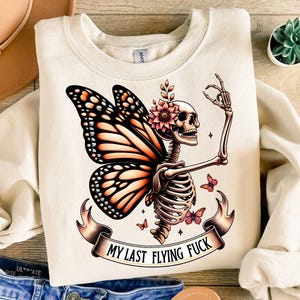 My Last Flying F*ck PNG, skeletsarcasme SVG PNG, grappige volwassen herfstvibes, retro schedel, trendy moeder skeletontwerp, vlinder png-ontwerp,
