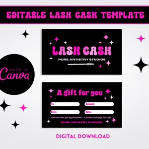 Lash キャッシュ カード、Lash バウチャー、Lash キャッシュ バウチャー、印刷および編集可能なギフト券テンプレート、Lash キャッシュ テンプレート、Lash ギフト カード