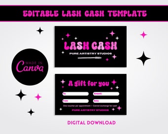 Carte Lash Cash, Lash Voucher, bon d’argent pour cils, modèle de chèque-cadeau imprimable et modifiable, modèle Lash Cash, carte-cadeau Lash