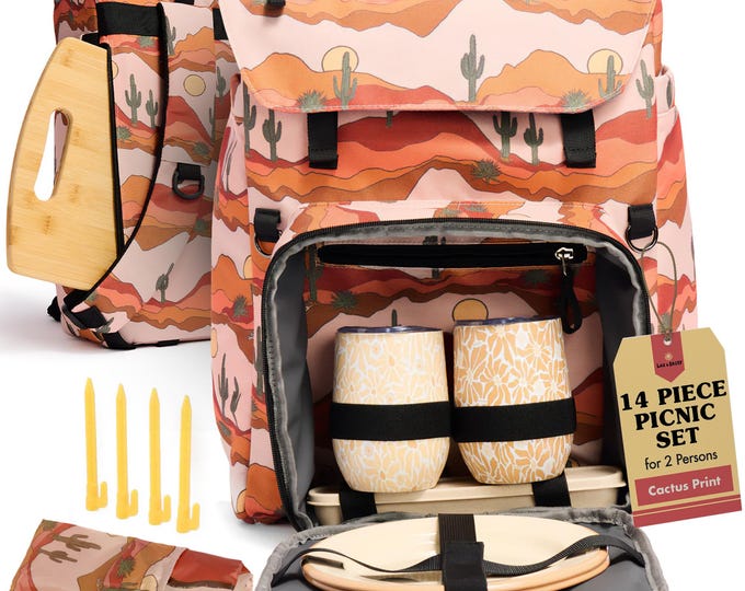Luxe Picnic Cooler Backpack Set for 2 - Outdoor Concerts Beach Hiking Adventures, Wine & Festival Ready  - Desert Cactus Print