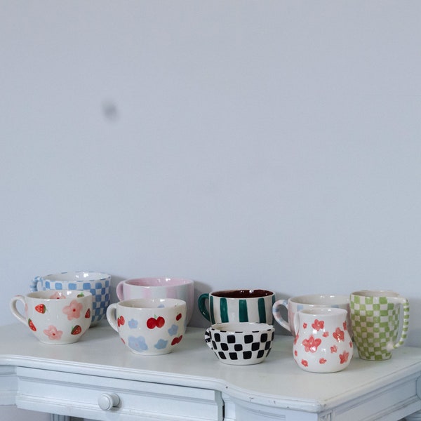 custom ceramic pottery mugs, cute aesthetic mug, coffee clay mug, gingham mug, strawberry flower ceramic mug, for her mug, cute pottery