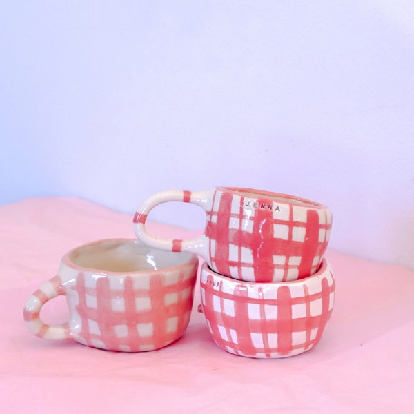 Pink Gingham Clay custom name ceramic mug, aesthetic home decor, aesthetic pottery mug, , Mother’s Day gift, for her gift, handpainted gift