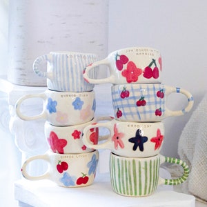 Handmade ceramic pottery mugs, cute aesthetic mug, coffee clay mug, gingham mug, strawberry flower ceramic mug, for her mug  cute pottery