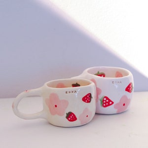 flower handmade ceramic mug, coffee clay mug, hand painted mug, strawberry mug, pottery mug,  for her mug, aesthetic cute custom mug