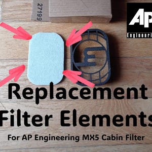 Pode incluir: Elementos filtrantes de substituição para o filtro de cabine AP Engineering MX5. A imagem mostra dois elementos filtrantes: um filtro retangular azul claro e uma moldura preta com padrão. O texto "Replacement Filter Elements" é exibido em letras grandes e em negrito.