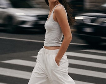 Tall Women's White Wide Leg Cotton Pants: Flowy, Long Inseam Trousers (34"-38")
