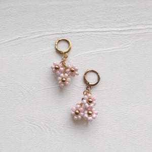 Dangly Beaded Flower Cluster Earrings, Light Pink Flower Earrings, Handmade Gold Filled Pink Flower Dangle Earrings, Silver Floral Earrings