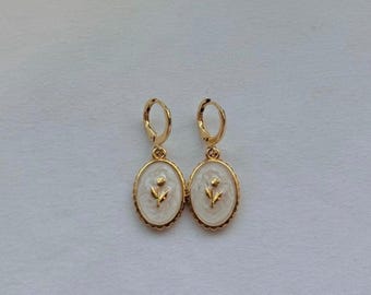 Vintage Inspired Floral Earrings, Flower Charm Earrings, Flower Gold Filled Hoop Earrings Pair/Set, Silver Earrings, Christmas Gift
