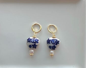 Porcelain Heart-Shaped Earrings with Blue Moon and Star Detailing, Heart Charm Earrings, Star Earrings, Moon Earring Pair/Set, Jewelry