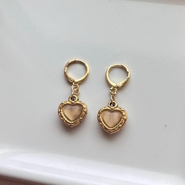 Vintage Inspired Gold Heart Drop Earrings, Gold Filled Earrings, Gift for Her, Art Deco Minimalist Boho Jewelry, Christmas Gifts for Her