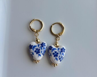 Blue Floral Heart Shape Gold Filled Earrings, Blue Ceramic Flower Silver Earrings, Boho Hippie Minimalist, Bridal Bridesmaid Gift for Her