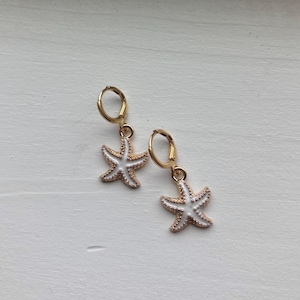 White Starfish Gold Earrings, Beachy Starfish Earrings, Gold Earrings, Gold Hoops, Gift for Her, Beach Jewelry, Ocean Jewelry