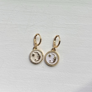 Black or White Moon & Star Earrings, Gold Celestial Earrings, Bohemian Charm Earrings, Vintage Inspired Gold Earrings, Gift for Her, Hoops