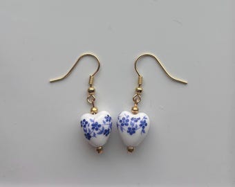 Heart Shaped Blue Flower Porcelain Gold Earrings, Gold Vintage Flower Earring Set/Pair, Bohemian Gold Earrings, Gold Hoops
