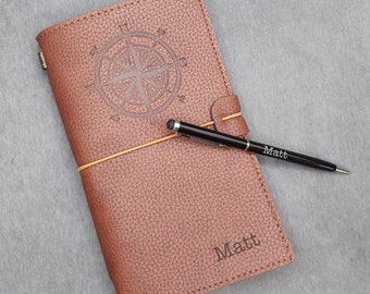 Personalized Vegan Leather Journal: Engraved Compass, Touchscreen Pen Gift Set