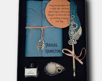 Set de regalo de pluma con nombre grabado: pluma vintage personalizada, diario y tinta