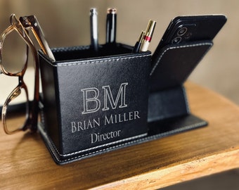 Organizador de escritorio de cuero vegano grabado / Organizador de oficina personalizado