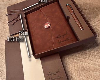 Personalized Vegan Leather Journal and Pen Set - Engraved Gift Box
