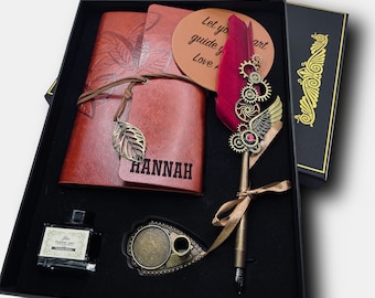 Personalisierte Feder Geschenkset - Vegan Leder Journal, Kalligraphie Feder