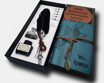 Conjunto de caligrafia personalizada: caneta de pena, diário personalizado para presente
